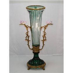 GREEN CRYSTAL VASE WITH PORCELAIN FLOWERS