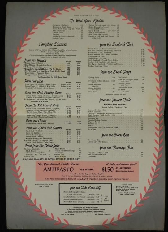 2 Vintage Restaurant Menus Presidents Walk Simonini s