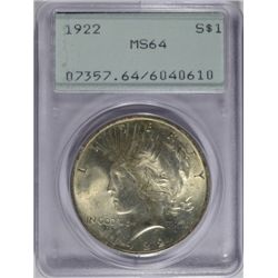 1922 PEACE DOLLAR PCGS RATTLER HOLDER MS 64