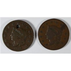 1832 LARGE CENT VG ( HAS HOLE ) & 1833 LARGE CENT, AG/GOOD