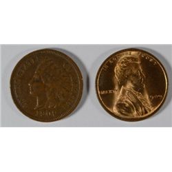 1909 INDIAN CENT, VF/XF & 1909 VDB LINCOLN WHEAT CENT, UNC,