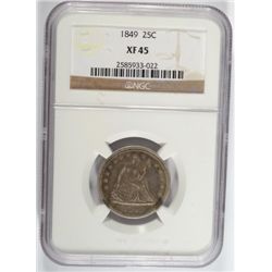 1849 SEATED QUARTER NGC XF-AU 45