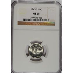 1943-S MERCURY DIME, NGC MS-65 GEM