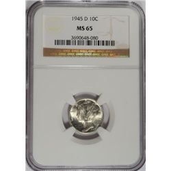 1945-D MERCURY DIME, NGC MS-65 GEM