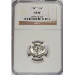 1945-D MERCURY DIME, NGC MS-66 GEM