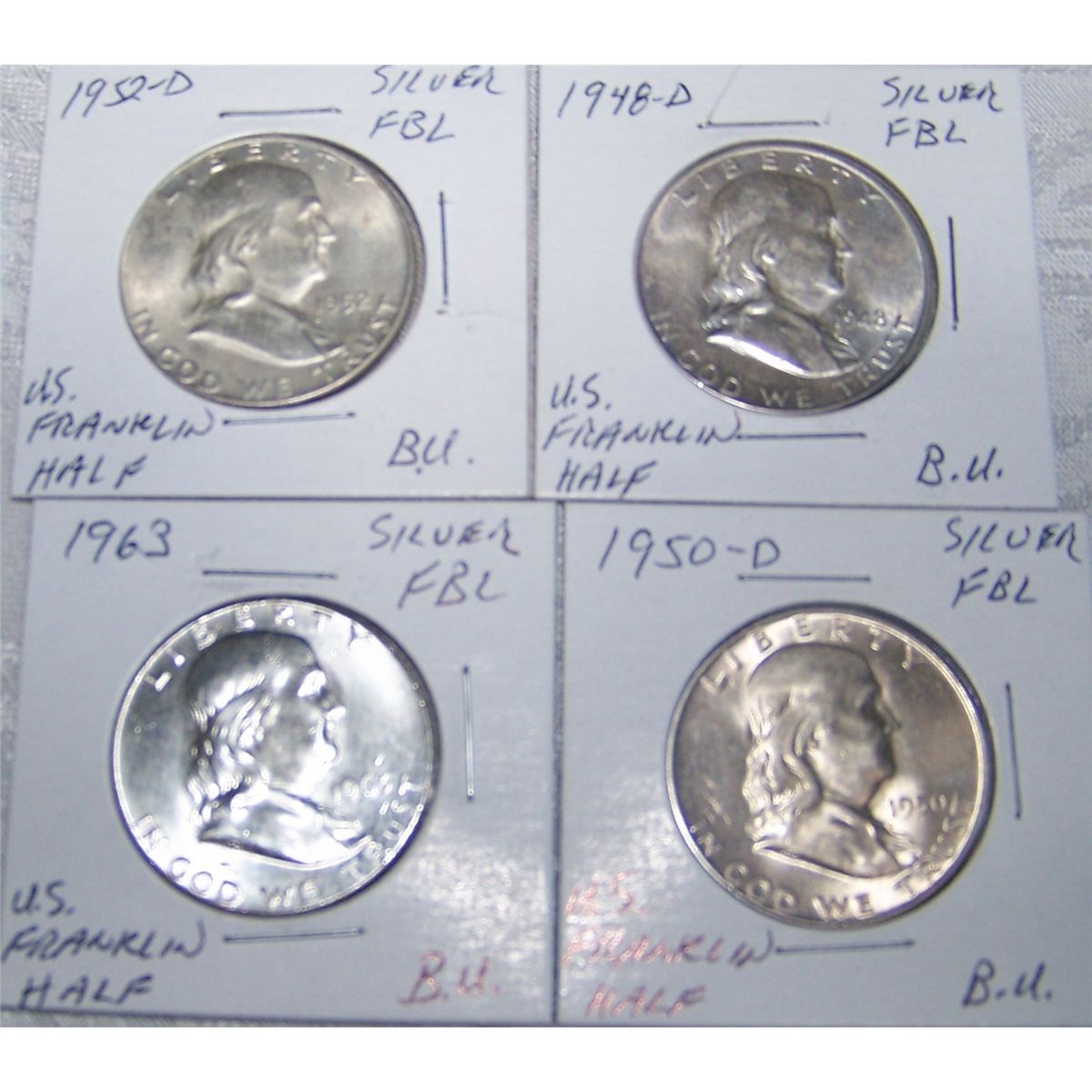 (4X) BRILLIANT UNCIRCULATED FRANKLIN SILVER HALVES WITH FULL BELL