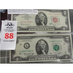 2-Pack of $2 Bills 1963-Red Seal & 1976 Green Seal Bill