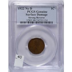 1922 NO D LINCOLN ONE CENT PCGS GENUINE, T-2 REV., MARKS ON FACE, GRADES VF-XF
