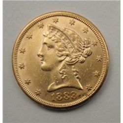 1888-S $5 LIBERTY GOLD SCARCE DATE MS-61 LIGHTLY CLEANED
