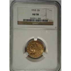 1910 $5 INDIAN GOLD NGC AU-58
