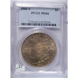 1880-S MORGAN DOLLAR PCGS MS66 END OF ROLL COIN, TONED OBV. WHITE REV