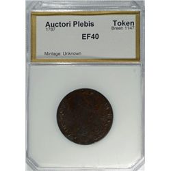 AUCTORI PLEBIS 1787 COLONIAL TOKEN BREEN 1147 PCI EF-40