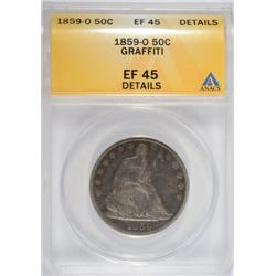 1859-O SEATED HALF DOLLAR ANACS EF45 DETAILS   1861  SCRATCHED ON OBV. MASONIC