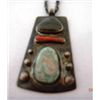 Image 1 : Old Pawn Sterling Silver Pendant with Turquoise, Coral and Obsidian Stones