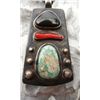 Image 4 : Old Pawn Sterling Silver Pendant with Turquoise, Coral and Obsidian Stones