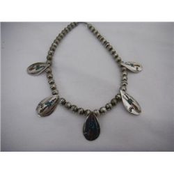 Sterling Silver Necklace with Thunderbird Inlays of Turquoise and Spiny Oyster