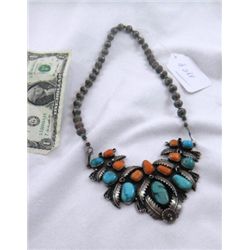 Large necklace with pectoral pendant.  Sterling, turquoise and spiny oyster