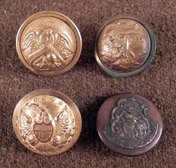 Button Ribbon War 4 Antique Small Gilt Civil War Buttons w/Eagle, Ribbon