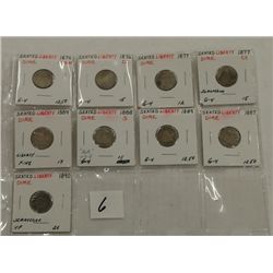 Nine Seated Liberty Dimes 1874, 1876, (2) 1877, 1884, 1887,1888,1889, 1890
