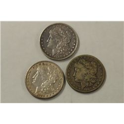 Three Morgan Silver Dollars 1883S, 1886, and 1886S