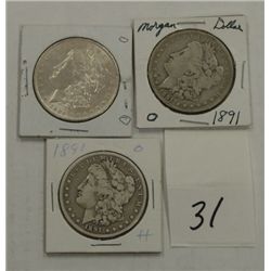 Three Morgan Silver Dollars (2) 1891O and (1) 1904O