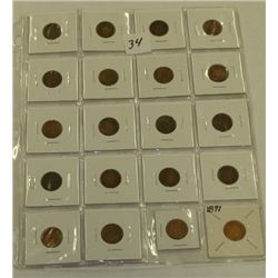 Sheet of 20 Indian Head Pennies 1800 & 1900's dates