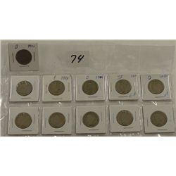 Sheet of eleven V Nickels -- various dates