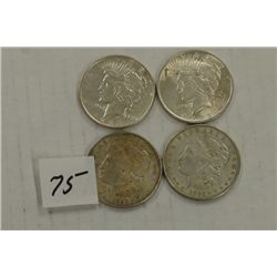 Two Peace Dollars 1922 and 1922O and two 1921 Morgan Silver Dollars