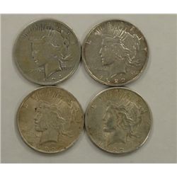Four Silver Peace Dollars 1922, 1922S, 1922O and 1924