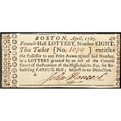 JOHN HANCOCK, Signed 1767 Faneuil-Hall Boston LOTTERY TICKET