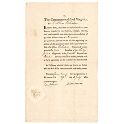JAMES MONROE, Signed 1800 Virginia Military Appointment
