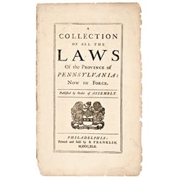 1742 Benjamin Franklin Printed Front Title Page Leaf From, Laws Pennsylvania