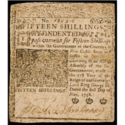 May 1, 1758 Benjamin Franklin Printed Delware Colonial Currency Note