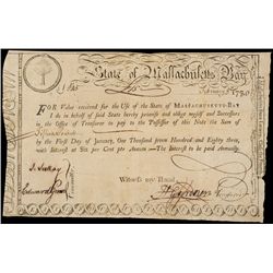 Massachusetts, 1780 Treasury Loan Certificate With Popular Pine Tree Motif