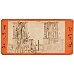 c. 1870 Stereoview Photograph View of the Building of the Brooklyn Bridge