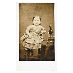 CDV Young Girl on a Stool Together with Her Large Rocking Horse Toy