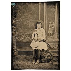c. 1870 Tintype Photograph, Young Girl with Tinted Cheeks and Her Doll