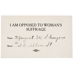 c. 1915, American Woman Signs ANTI-SUFFRAGE Card