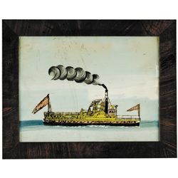 Two Reverse Paintings on Glass of Steamboats William Harrison and Daniel Webster