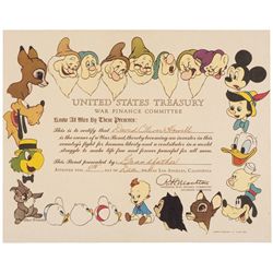 1944 Disney, WW II Bond  United States Treasury Certificate of Appreciation