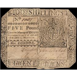 PEYTON RANDOLPH Signed Colonial Currency, VA. April 5, 1759. Five Pounds Rarity