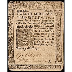 Colonial Currency, 1756 BENJAMIN FRANKLIN Printed Pennsylvania, 20s Note