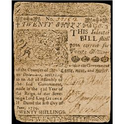 BENJAMIN FRANKLIN Printed June 1, 1759 DE Twenty Shilling Colonial Currency Note