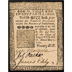 1760 Pennsylvania BENJAMIN FRANKLIN Printed 20s Colonial Currency Note