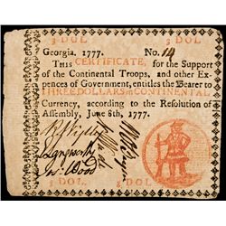 Colonial Currency, GA, 1777, $3 FRONTIERSMAN Vignette. Red in Type PMG VF-30 EPQ