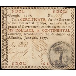 Colonial Currency, GA. June 8, 1777, Six Dollars Millstone on Palm Tree Seal