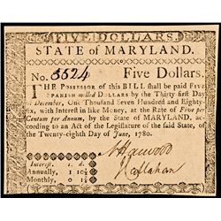 Colonial Currency, Maryland June 28, 1780 Five Dollars Fully Signed Uncirculated