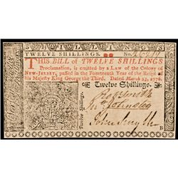 Colonial Currency, Ch. Uncirculated March 25, 1776 New Jersey Twelve Shillings