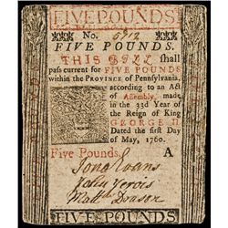 BENJAMIN FRANKLIN Printed Pennsylvania. May 1, 1760. Five Pounds Colorful Note