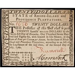 Colonial Currency, RI. July 2, 1780. Twenty Dollars. Guaranteed, Fully Signed